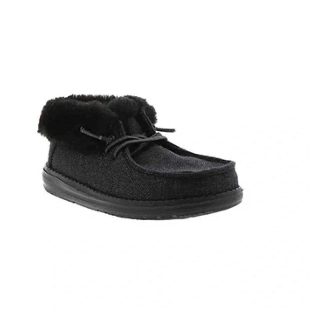 Hey Dude Britt Faux Fur Trim Slip On Booties Total Black Unisex Youth Size 34